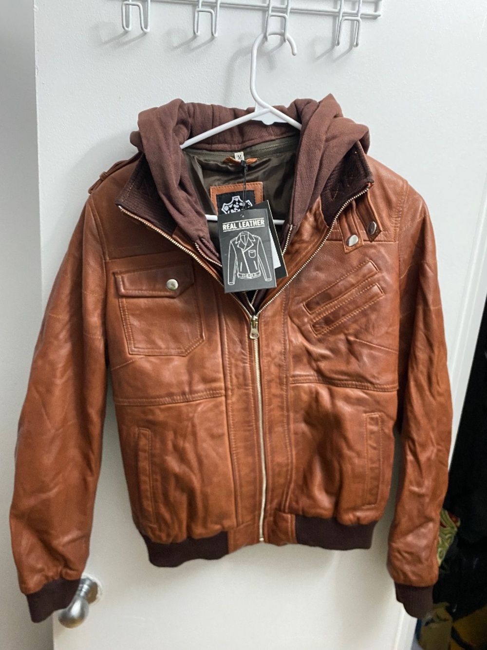 Brown Genuine Leather Jacket Women’s Size M – Minimalist Classic Zip